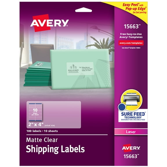 Avery Clear Shipping Labels, Sure Feed, 2" x 4", 100 Labels (15663)