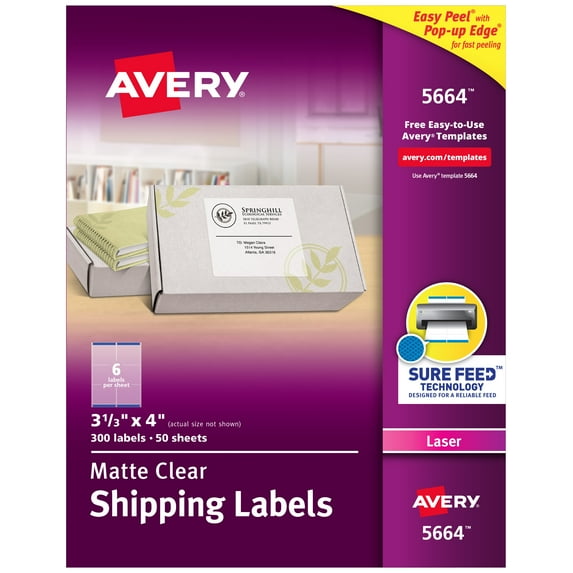 Avery Clear Shipping Labels, Sure Feed, 3-1/3" x 4" 300 Labels (15664)