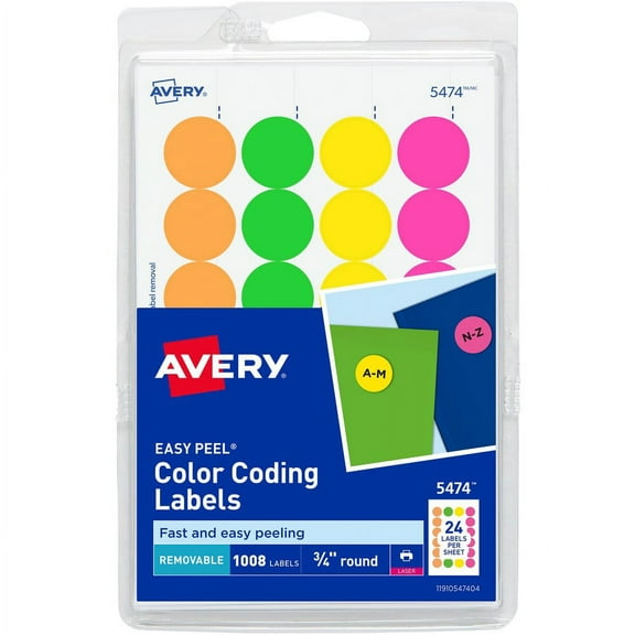 Avery; Color Coded Label - 3/4" Diameter - Removable Adhesive - Round - Laser - Neon Green, Neon Orange, Neon Red, Neon Yellow - Paper - 24 / Sheet - 42 Total Sheets - 1008 Total L | Bundle of 5 Packs