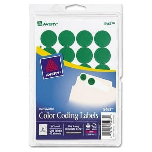Avery Color-Coding Labels 0.75" Diameter - Round - Laser, Inkjet - Green - Paper - 24 / Sheet - 42 Total Sheets - 1008 Total Label(s) - 1008 / Pack