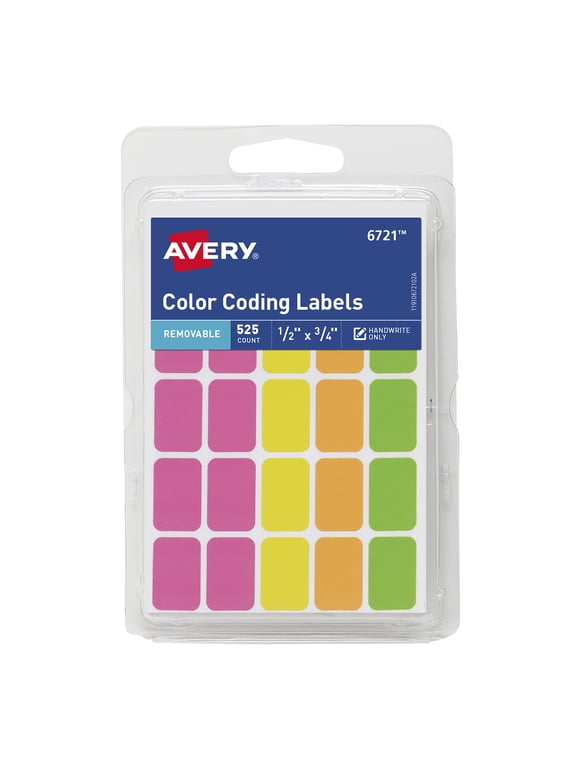 Color Coding Labels, 1/2" x 3/4", Paper, Removable, Neon Colors, Handwrite, 525 Labels