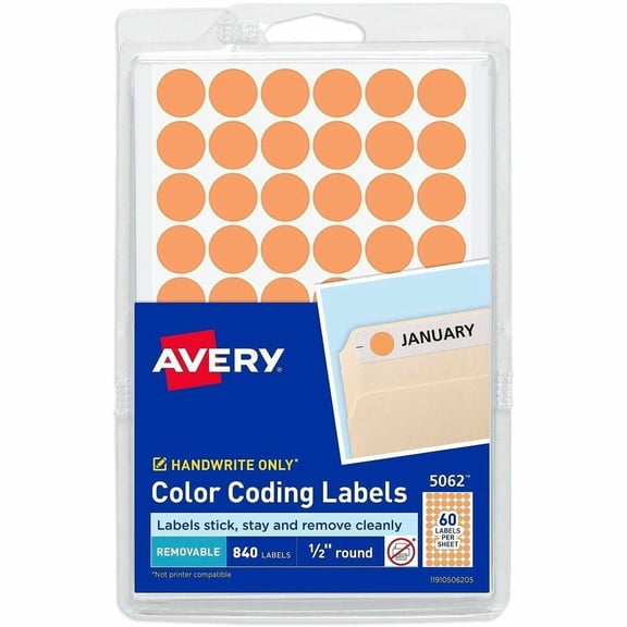 Avery Color-Coding Removable Labels, 1/2" Round Stickers, Neon Orange, Non-Printable, 840 Dot Stickers Total (5062)