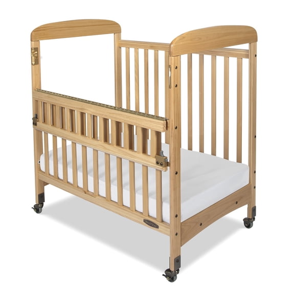 Child Craft Avery SafeAccess Compact Portable Crib with 3- lnch Mattress, ClearView Panels, Natural
