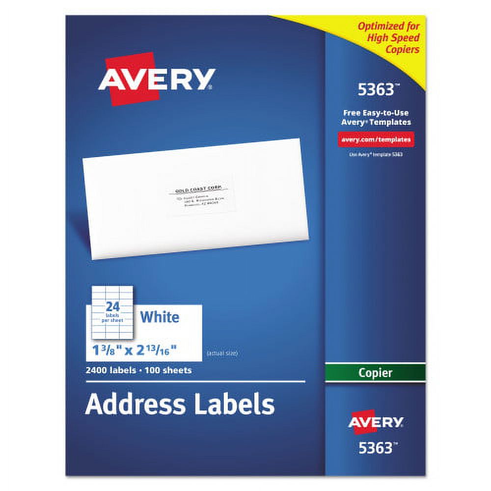 Avery Copier Mailing Labels, Copiers, 1.38 x 2.81, White, 24/Sheet, 100
