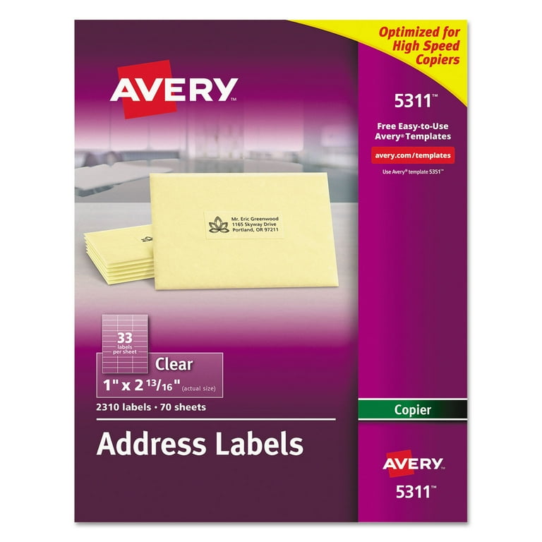 Copier Mailing Labels, Copiers, 1 x 2.81, Clear, 33/Sheet, 70 Sheets/Pack Copier Mailing Labels, Copiers, 1 x 2.81, Clear, 33/Sheet, 70 Sheets/Pack