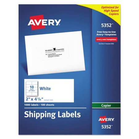 Avery Copier Mailing Labels, Copiers, 2 x 4.25, White, 10/Sheet, 100 Sheets/Box, Each