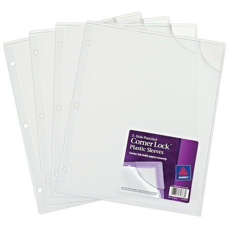 Avery Corner Lock 3-Hole Punched Plastic Sleeves, Clear, 4 Pack