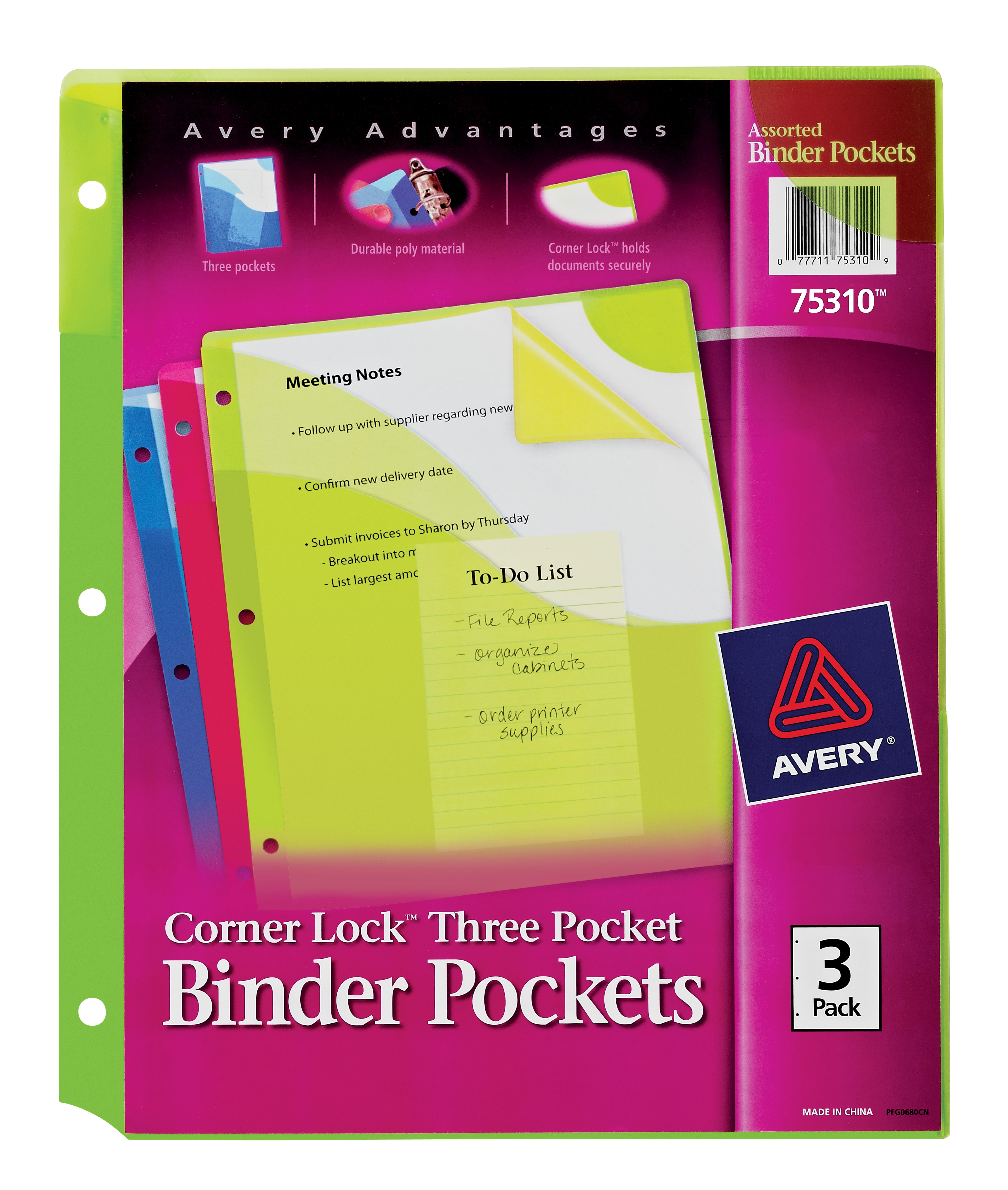 Avery Corner Lock 3 Pocket Binder Pockets for 3 Ring Binders, Assorted