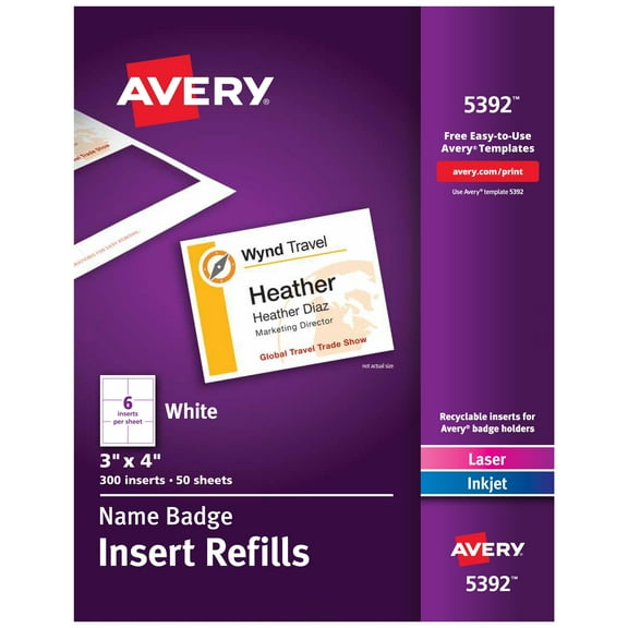 Avery Customizable Name Badge Inserts, 3" x 4", White, 300 Printable Name Tag Inserts (5392) - 5 Pack