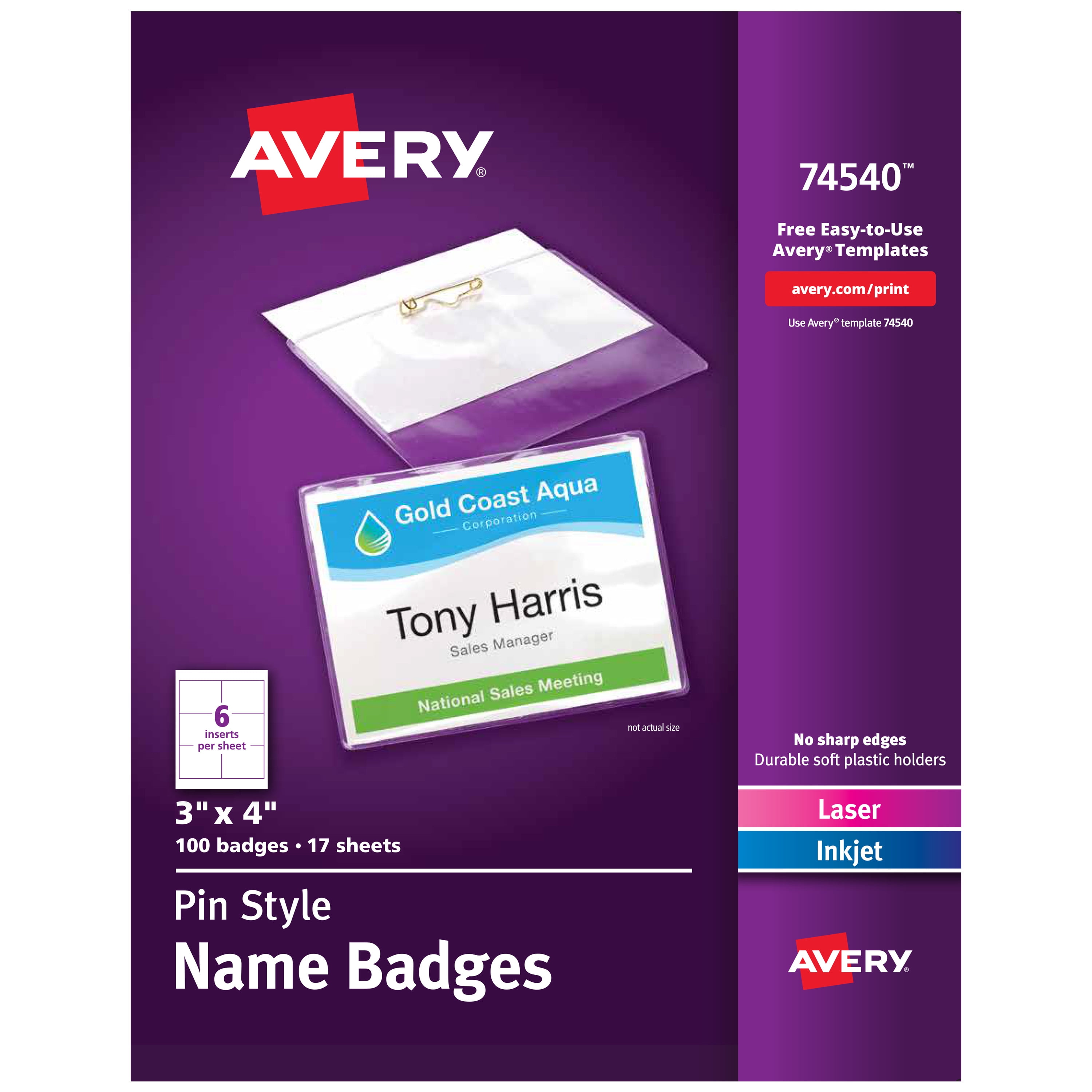 Avery Customizable Name Badges with Pins, 3" x 4", Clear Name Tag