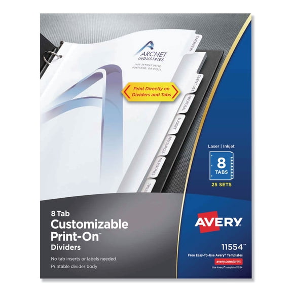 Avery Customizable Print-On Dividers 3-Hole Punched, 8-Tab, 11 x 8.5, White, 25 Sets