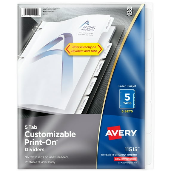 Avery Customizable Print-On Dividers, 5-Tab Set, 5 Sets (11515)