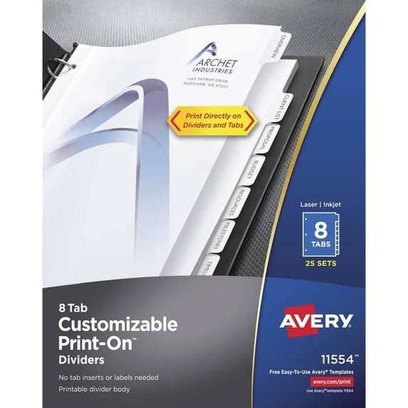 Avery Customizable Print-On Dividers, 8 Tabs, White, 25 Sets (11554)