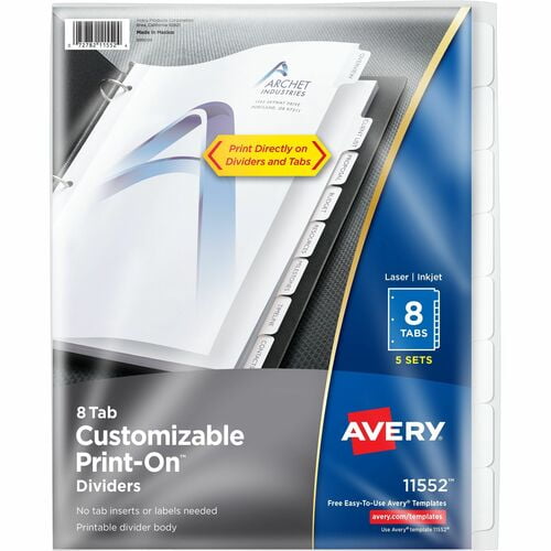 Avery® Customizable Print-On Dividers, Print-on Tab(s), 8.5" Divider Width x 11" Divider Length, 3 Hole Punched (11552) | 10 Packs