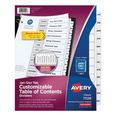 Avery Customizable TOC Ready Index Black and White Dividers, 12-Tab, Jan. to Dec., 11 x 8.5, 1 Set