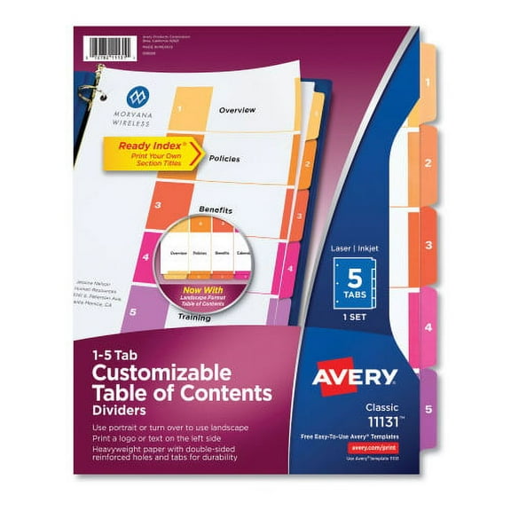 Avery Customizable TOC Ready Index Multicolor Tab Dividers, 5-Tab, 1 to 5, 11 x 8.5, White, Traditional Color Tabs, 1 Set, Each