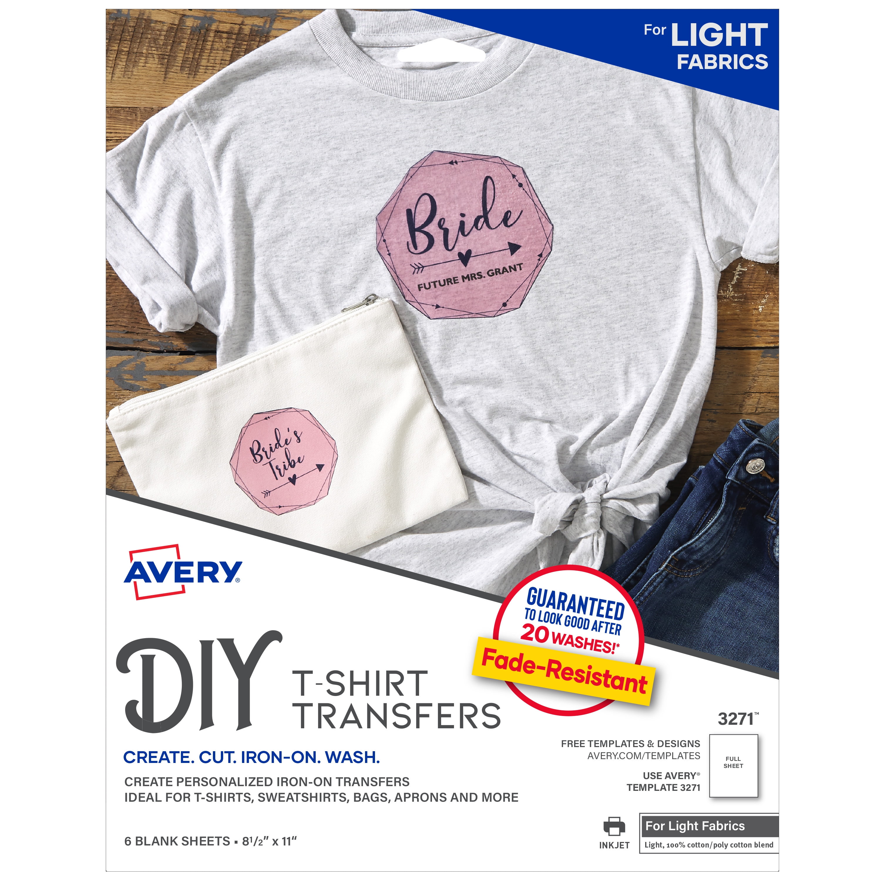 Avery DIY Fabric Transfers, Light Fabrics, 8-1/2" x 11", Paper, Inkjet, Iron-on, 4 Blank Sheets