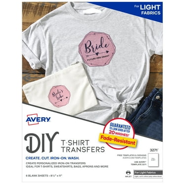 Avery DIY Fabric Transfers, Light Fabrics, 8-1/2" x 11", Paper, Inkjet, Iron-on, 6 Blank Sheets