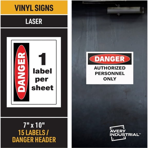 Avery; Danger Header Printable Outdoor Vinyl Signs - "DANGER"7" Width x 10" Length - Permanent Adhesive - Rectangle - Laser - White - Vinyl - 1 / Sheet - 15 Total Sheets - 15 Total Label(s) - 15 Label
