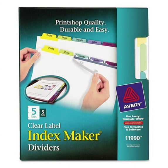 Avery-Dennison 11990 Print & Apply Clear Label Dividers With Color Tabs, 5-Tab, Letter, 5 Sets