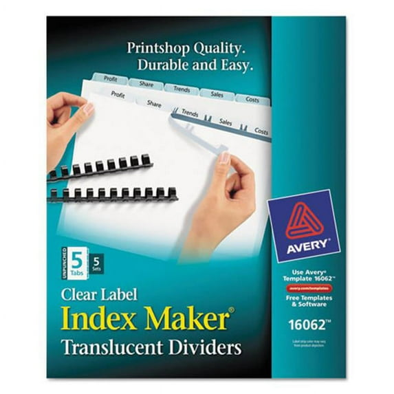 Avery-Dennison 16062 Print & Apply Clear Label Unpunched Dividers With White Tabs, 5-Tab