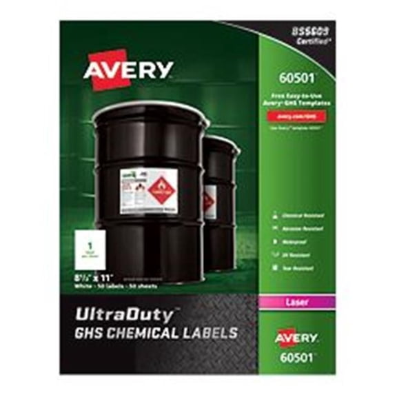 Avery-Dennison 60501 UltraDuty GHS Chemical Labels- White - 8.5 x 11 in.