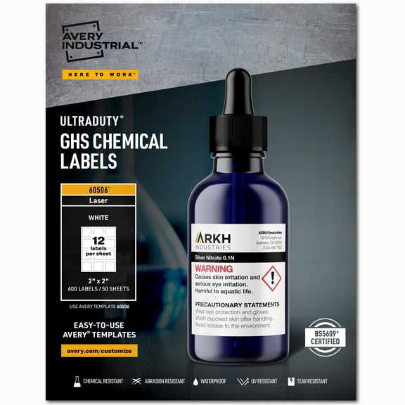 Avery UltraDuty GHS Chemical Labels for Laser Printers, Permanent Adhesive, Waterproof, UV Resistant, 2" x 2", 600 Labels (60506) - 5 Pack