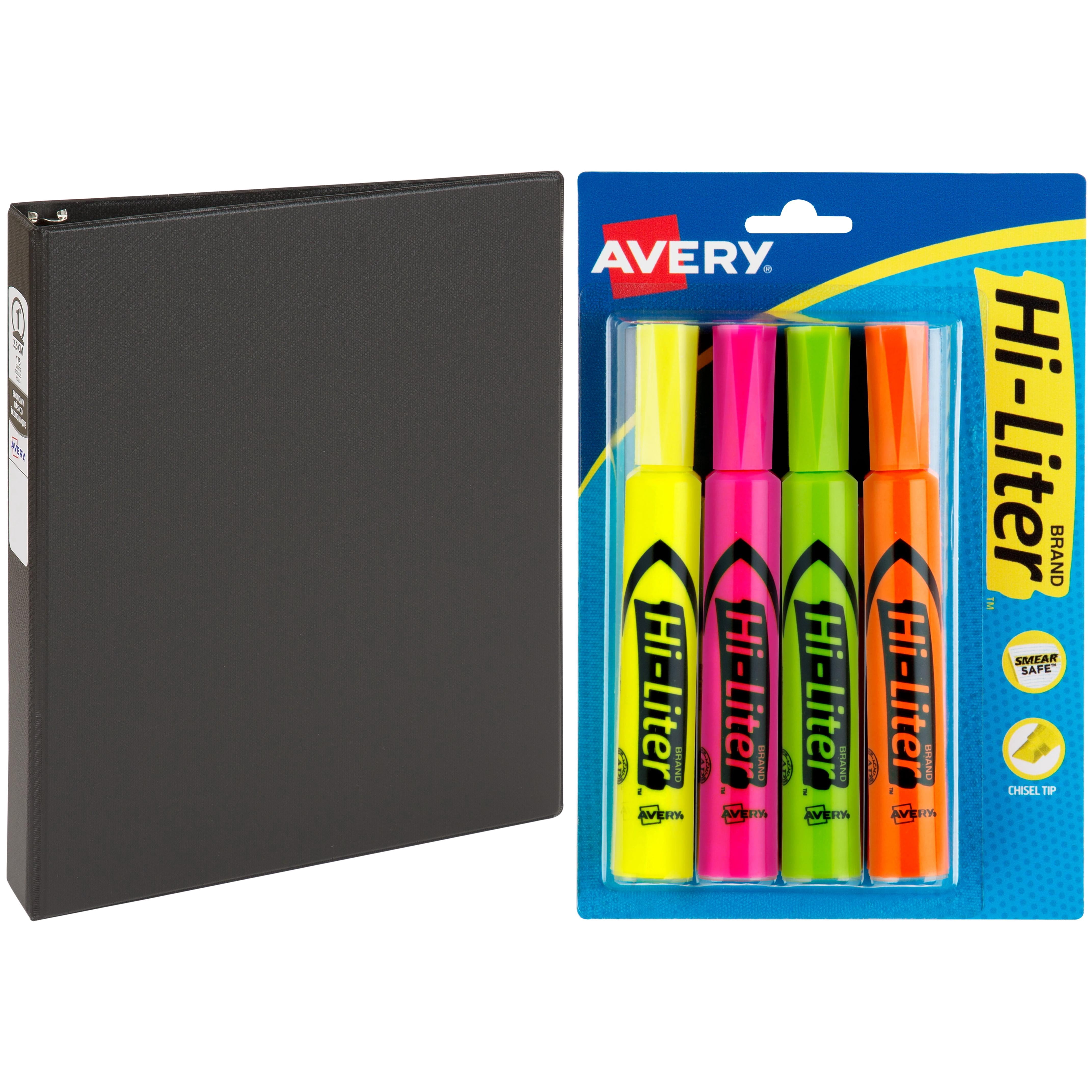Avery Desk Style Hi-Liter, Assorted Colors, 4 pack and Avery 1" Economy Round Ring Reference Binder, Black Bundle