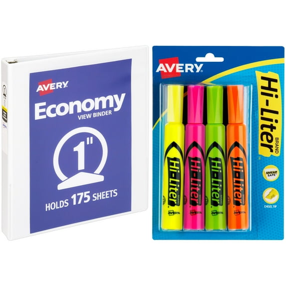 Avery Desk Style Hi-Liter, Assorted Colors, 4 pack and Avery Economy Round Ring View Binder, 11 x 8 1/2, White, 1" Bundle
