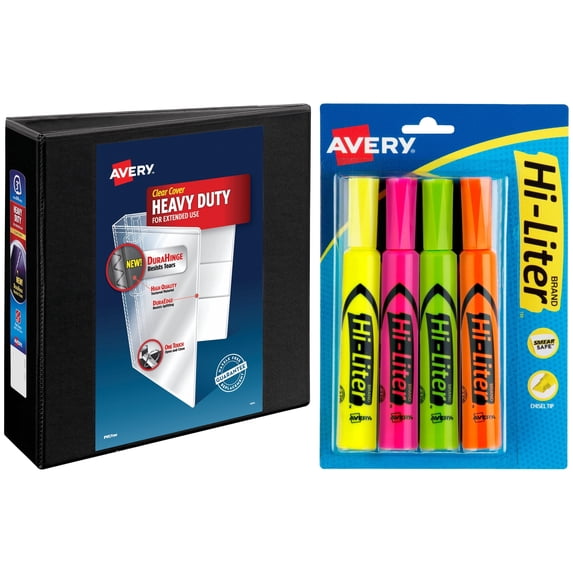 Avery Desk Style Hi-Liter, Assorted Colors, 4 pack and Avery Heavy-Duty View Binder with EZD Ring, Black, 3" Bundle
