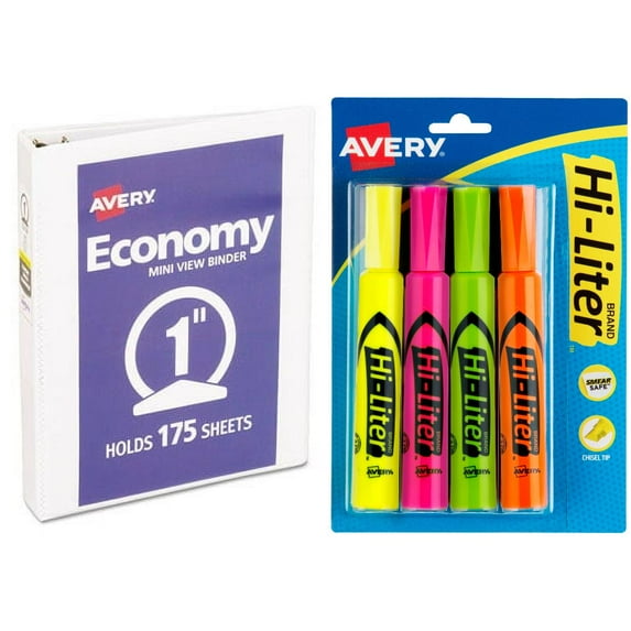 Avery Desk Style Hi-Liter, Assorted Colors, 4 pack and Avery Mini 1" Economy View Binder, 5-1/2" x 8-1/2", White Bundle