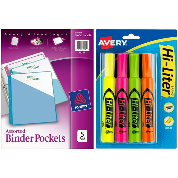Avery Desk Style Hi-Liter, Assorted Colors, 4 pack and Avery Ring Binder Polypropylene Pockets, 8-1/2 x 11, 5/Pack Bundle