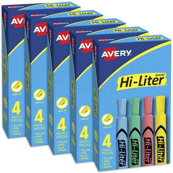 Avery Desk-Style Highlighters, 4 Assorted Colors per Pack, 5 Packs, 20 Highlighters Total (17752)