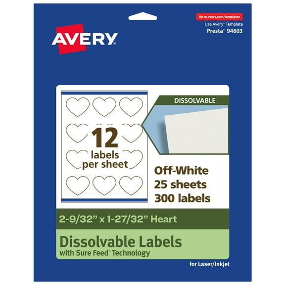 Avery Dissolvable Heart Labels, 2-9/32" x 1-27/32", 300 Labels