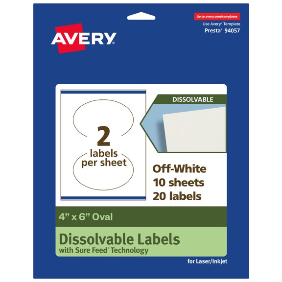 Avery Dissolvable Oval Labels, 4" x 6", 20 Labels