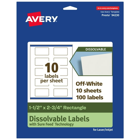 Avery Dissolvable Rectangle Labels, 1.5" x 2.75", 100 Labels