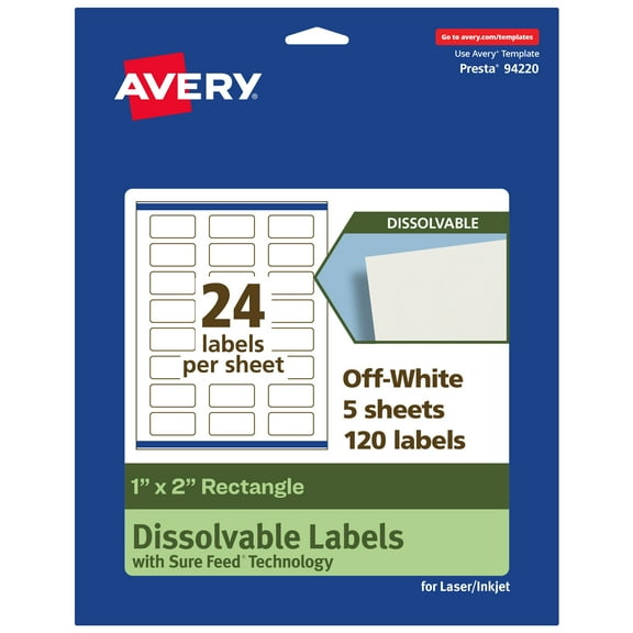 Avery Dissolvable Rectangle Labels, 1" x 2", 120 Labels