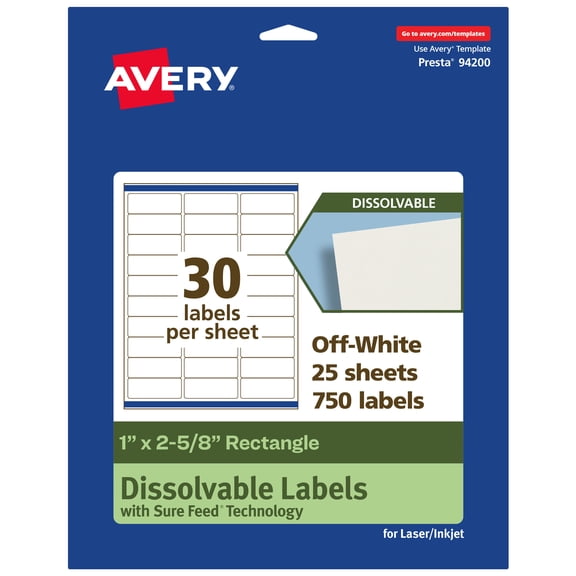 Avery Dissolvable Rectangle Labels, 1" x 2-5/8", 750 Labels