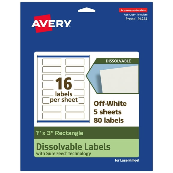 Avery Dissolvable Rectangle Labels, 1" x 3", 80 Labels