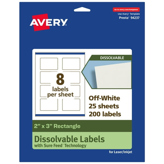 Avery Dissolvable Rectangle Labels, 2" x 3", 200 Labels