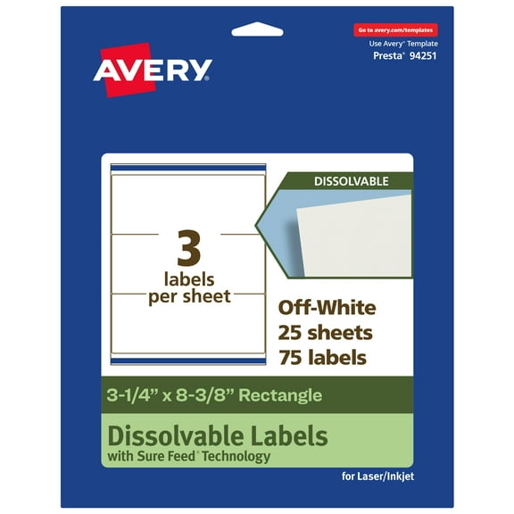 Avery Dissolvable Rectangle Labels, 3-1/4" x 8-3/8", 75 Labels