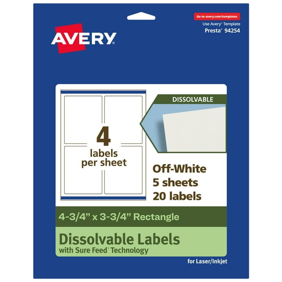 Avery Dissolvable Rectangle Labels, 4.75" x 3.75", 20 Labels