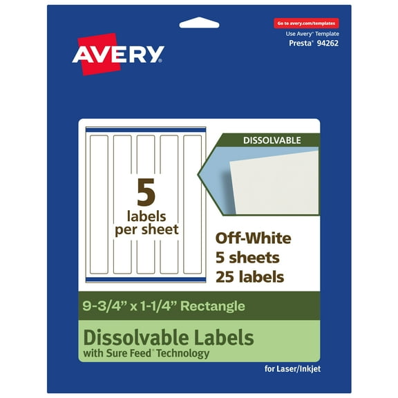 Avery Dissolvable Rectangle Labels, 9.75" x 1.25", 25 Labels