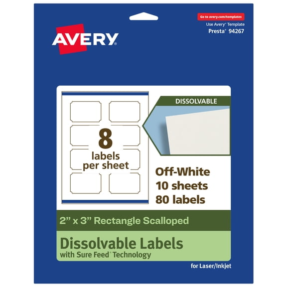 Avery Dissolvable Rectangle Scalloped Labels, 2" x 3", 80 Labels