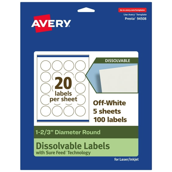 Avery Dissolvable Round Labels, 1-2/3" Diameter, 100 Labels