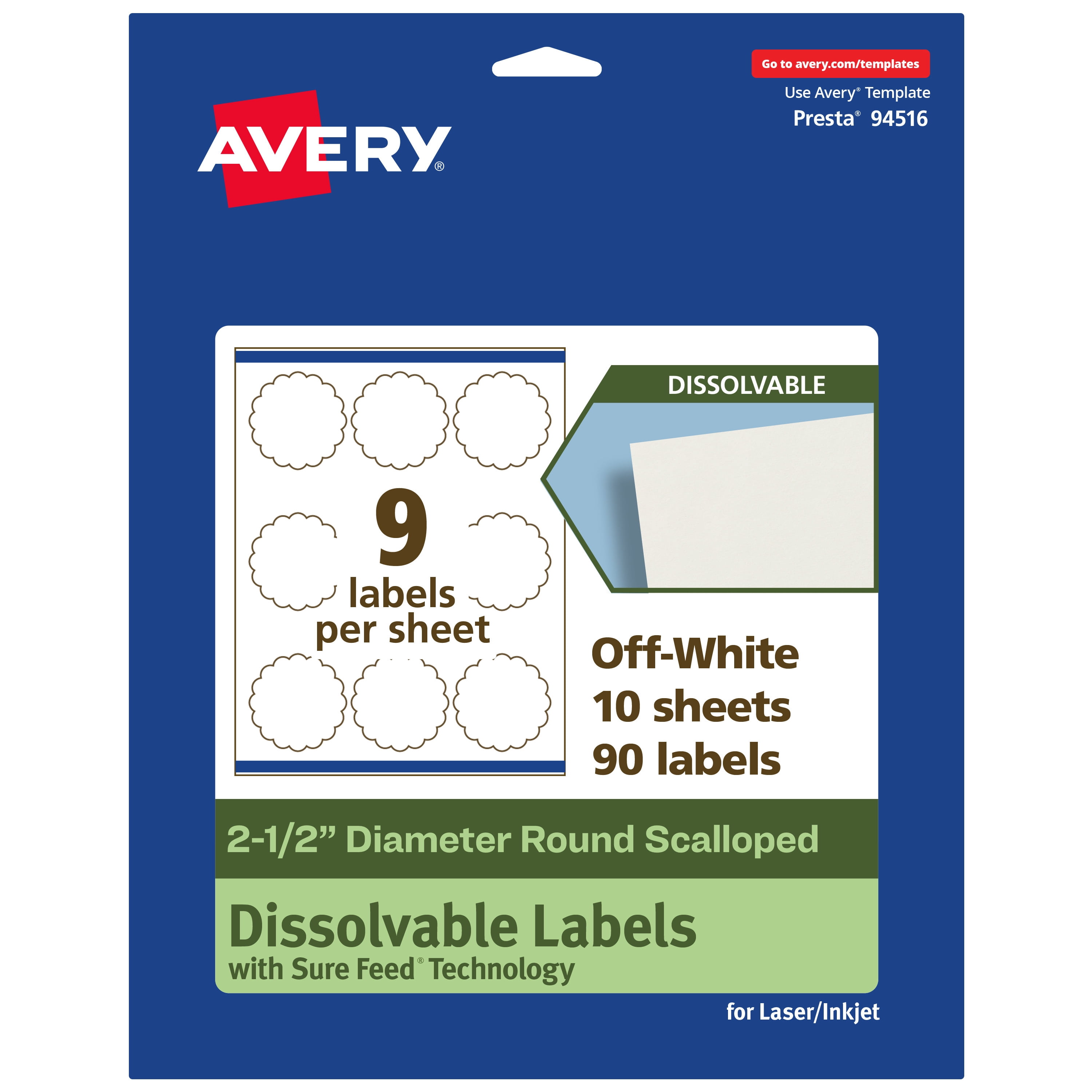 Avery Dissolvable Round Scalloped Labels, 2.5" Diameter, 90 Labels