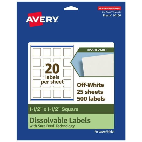Avery Dissolvable Square Labels, 1.5" x 1.5", 500 Labels