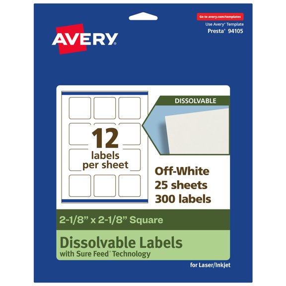 Avery Dissolvable Square Labels, 2-1/8" x 2-1/8", 300 Labels