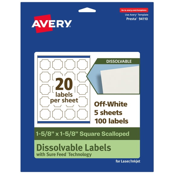 Avery Dissolvable Square Scalloped Labels, 1-5/8" x 1-5/8", 100ct