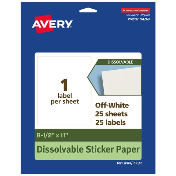 Avery Dissolvable Sticker Paper, 8.5" x 11", 25 Sheets